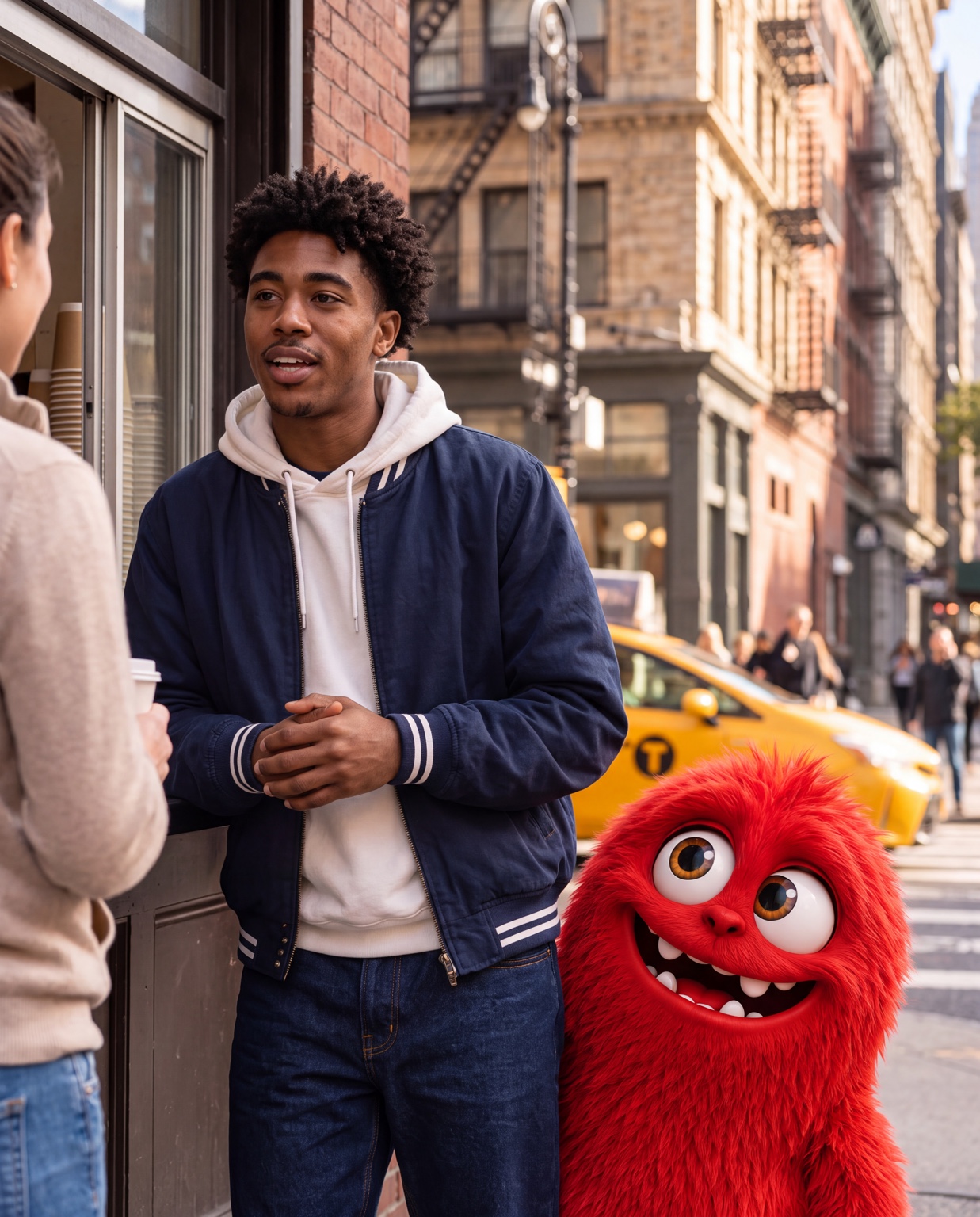 Immagine di campagna Wall Street English: una conversazione davanti a un caffè a New York, con la mascotte rossa.